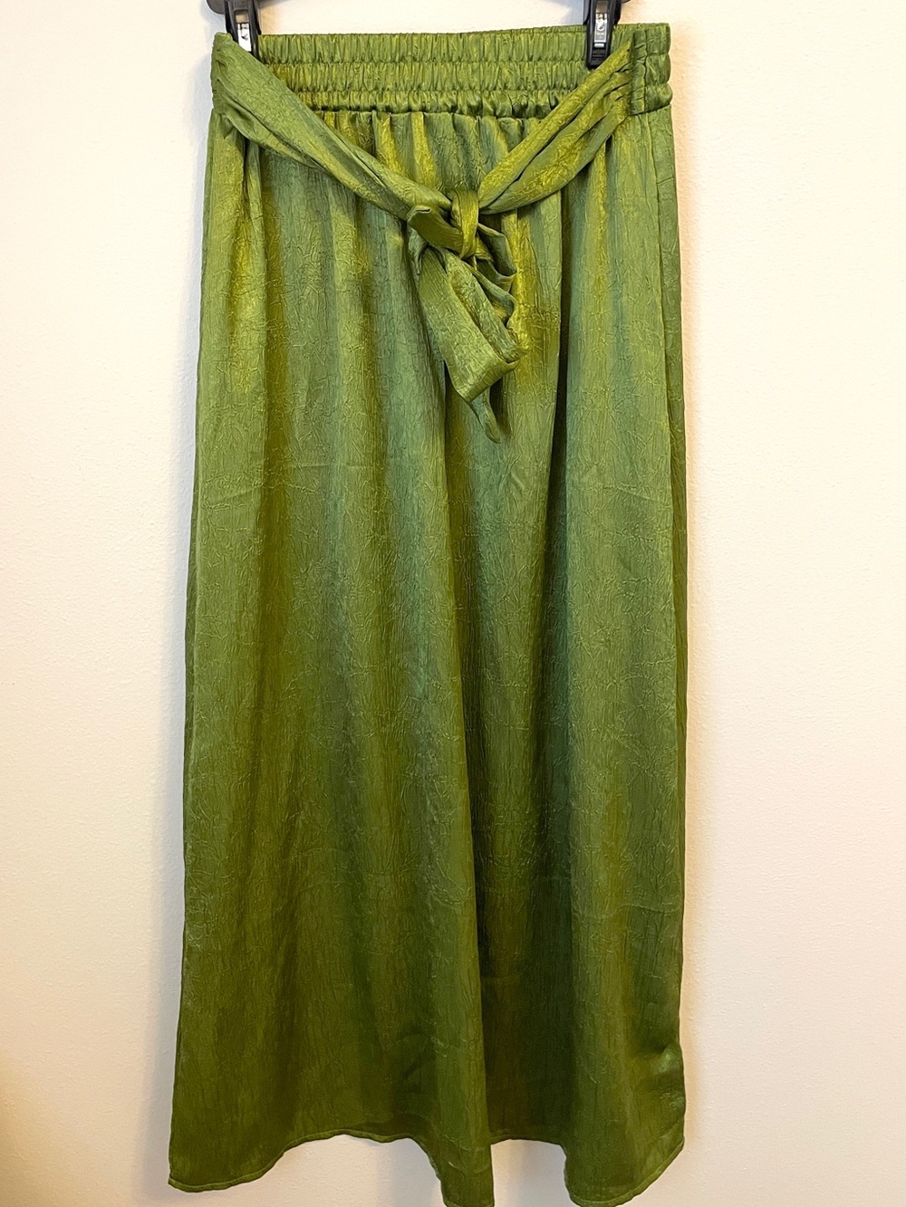 Olive Green Maxi Skirt - Chartreuse Tie Waist Boho Cottagecore - Size M